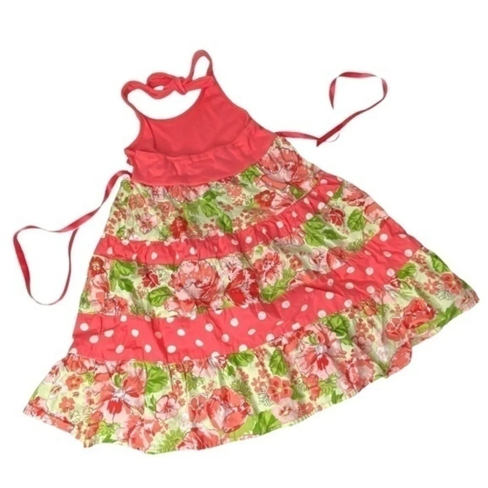 Pinky Girls Halter Dress Size 5 Lace Waist Detail Floral and Polka Dot Print